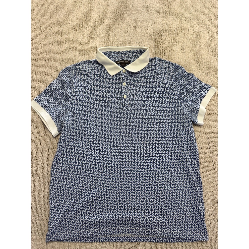 Michael Kors Mens Blue White Geometric Print Short Sleeve Polo Shirt Large
